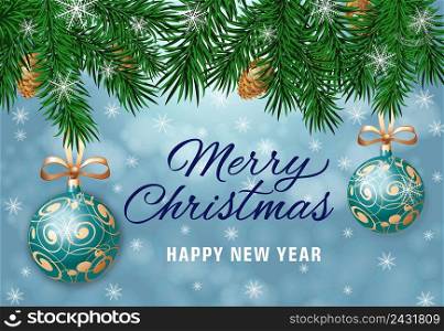 Merry Christmas and Happy New Year lettering with fir sprigs, snowflakes and hanging balls. Calligraphic inscription can be used for greeting card, festive design, posters, banners.