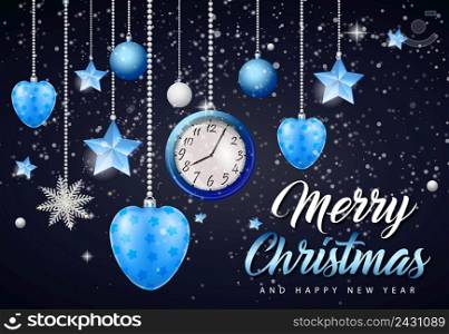 Merry Christmas and Happy New Year lettering with hanging baubles, stars, watch and snowflakes. Calligraphic inscription can be used for greeting cards, festive design, posters, banners.