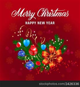 Merry Christmas and Happy New Year lettering with ornaments on fir branch. Celebration, festival, congratulation. Holiday concept. Can be used for greeting cards, postcards, brochure