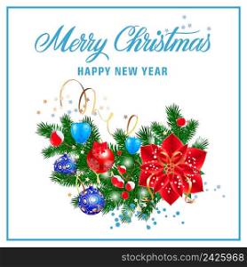 Merry Christmas and Happy New Year lettering with ornaments on fir branch in frame. Celebration, festival, congratulation. Holiday concept. Can be used for greeting cards, postcards, brochure