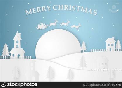 Merry Christmas and Happy New Year Paper Art . Illustration of Santa Claus and reindeer on the sky to give gifts ,paper art and craft style , vector concept , invitation card