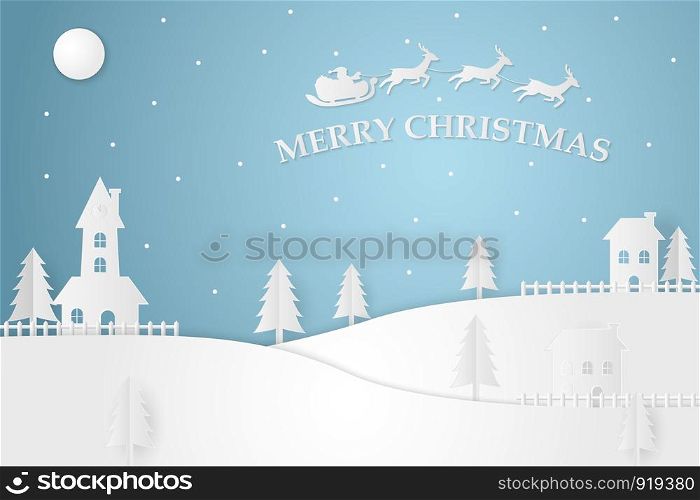 Merry Christmas and Happy New Year Paper Art . Illustration of Santa Claus and reindeer on the sky to give gifts ,paper art and craft style , vector concept , invitation card