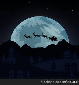 Merry Christmas and Happy New Year Paper Art . Illustration of Santa Claus and reindeer on the sky to give gifts , vector art concept , invitation card