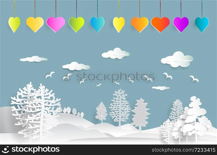 Merry Christmas and Happy New Year, paper art and landscape crafts with heart hanging, mountain and cloud beauty used for printing on book cover, banner, magazine, greeting card, vector illustration.
