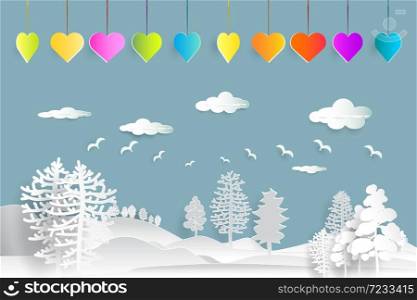 Merry Christmas and Happy New Year, paper art and landscape crafts with heart hanging, mountain and cloud beauty used for printing on book cover, banner, magazine, greeting card, vector illustration.