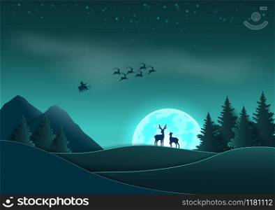 Merry Christmas and Happy New Year,paper art design with Santa Claus coming on night scene background,vector illustration