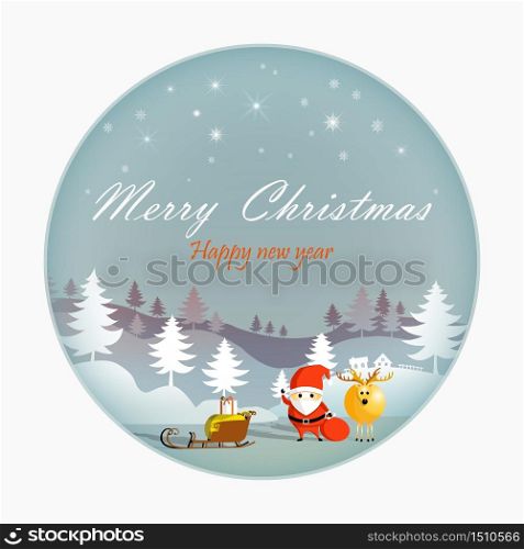 Merry Christmas and Happy New Year, Paper art snowflake and santa with rein deer, Mountain and cloud beauty used for printing on book cover, banner, magazine, greeting card, vector illustration.