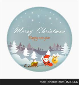 Merry Christmas and Happy New Year, Paper art snowflake and santa with rein deer, Mountain and cloud beauty used for printing on book cover, banner, magazine, greeting card, vector illustration.