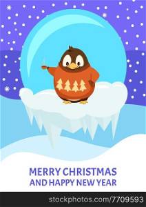 Merry Christmas and Happy New Year, penguin in knitted sweater with coffee cup or tea. Bird in glass ball on ice floe, hot beverage and snow vector. Merry Christmas and New Year, Penguin in Sweater
