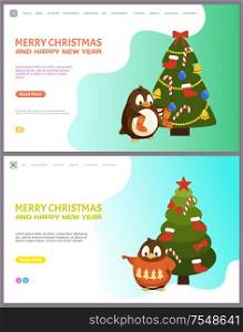 Merry Christmas and happy New Year pine fir tree vector. Online web pages with text sample, spruce decorated with baubles and garlands bows and candies. Merry Christmas and Happy New Year Pine Fir Tree