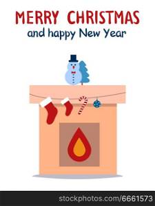 Merry Christmas and happy New Year placard with fireplace, socks and candy, ball and snowman with hat, pine tree placed on its top vector illustration. Merry Christmas, New Year Vector Illustration