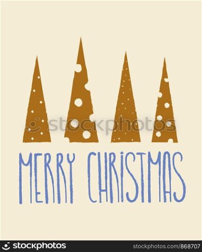 Merry Christmas and happy new year postcard template. For print and web winter seasonal greetings. Retro style beautiful holidays celebration card. Scandinavian design with Christmas trees decor.