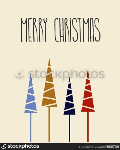 Merry Christmas and happy new year postcard template. For print and web winter seasonal greetings. Retro style beautiful holidays celebration card. Scandinavian design with Christmas trees decor.