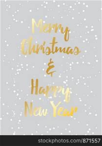 Merry Christmas and happy new year postcard template. For print and web winter seasonal greetings. Retro style beautiful holidays celebration card with gold, stars, snow.