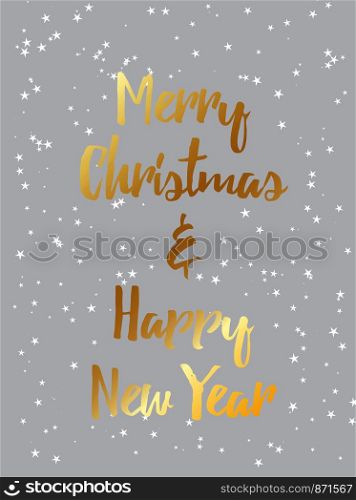 Merry Christmas and happy new year postcard template. For print and web winter seasonal greetings. Retro style beautiful holidays celebration card with gold, stars, snow.