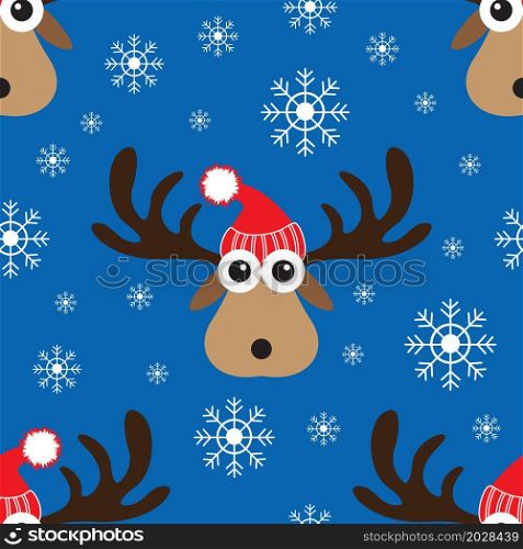 Merry Christmas and Happy New Year poster Cartoon doodle christmas reindeer seamless pattern. Winter holidays vector illustration.