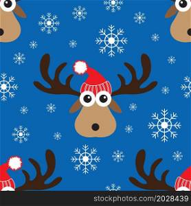 Merry Christmas and Happy New Year poster Cartoon doodle christmas reindeer seamless pattern. Winter holidays vector illustration.