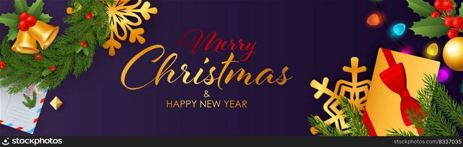 Merry Christmas and Happy New Year poster design with presents, fir branch and jingle bells on dark blue background. Lettering can be used for posters, leaflets, announcements