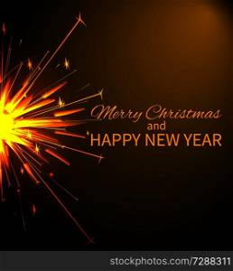 Merry Christmas and happy New Year poster, headline and fire produced by Bengal light, vector illustration isolated on gold and black background. Merry Christmas and Fire, Vector Illustration