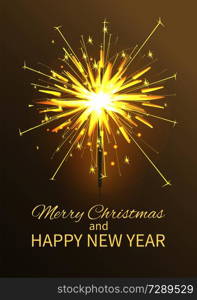 Merry Christmas and happy New Year poster, headline and fire produced by Bengal light, vector illustration isolated on gold and black background. Merry Christmas and Fire, Vector Illustration