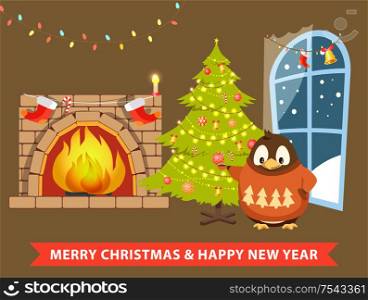 Merry Christmas and happy New Year poster penguin at home vector. Pine tree decorated with garlands and baubles, animal wearing warm clothes sweater. Merry Christmas and Happy New Year Poster Penguin