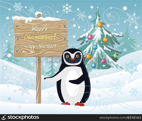 Merry Christmas and Happy New Year Poster Penguin. Merry Christmas and Happy New Year poster. Penguin animal pointing on the holiday banner and greeting you at winter landscape. Polar winter bird greeting card. Cartoon character and xmas tree. Vector