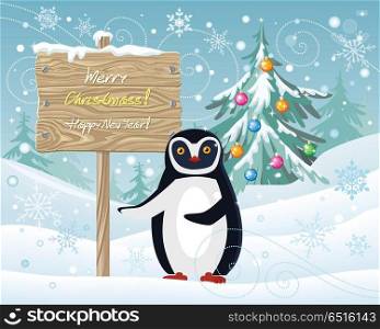 Merry Christmas and Happy New Year Poster Penguin. Merry Christmas and Happy New Year poster. Penguin animal pointing on the holiday banner and greeting you at winter landscape. Polar winter bird greeting card. Cartoon character and xmas tree. Vector
