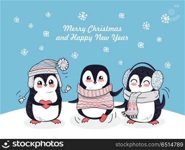 Merry Christmas and Happy New Year Poster Penguins. Merry Christmas and Happy New Year poster. Happy winter friends. Three little penguins in winter clothes. Winter landscape with cartoon characters. Funny creatures in flat style design. Vector