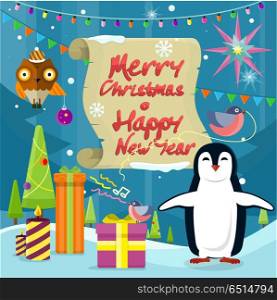 Merry Christmas and Happy New Year Poster Penguins. Merry Christmas and Happy New Year poster. Penguin near christmas presents on background with snow, fir trees, and new year garland. Winter holiday concept. Celebration holiday greeting card. Vector
