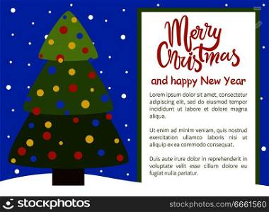 Merry Christmas and Happy New Year poster tree icon symbol of holiday with color round balls, green branches and brown trunk vector on snowy landscape. Merry Christmas Happy New Year Poster Tree Icon