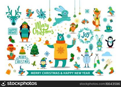Merry Christmas and Happy New Year poster with cheerful animals from North Pole isolated cartoon flat vector illustrations on white background.. Merry Christmas and Happy New Year with Animals