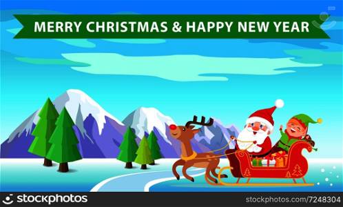 Merry Christmas and happy New Year poster with Santa Claus and elf, nature and sled with reindeer on winter landscape, ribbon vector illustration. Merry Christmas and Nature Vector Illustration