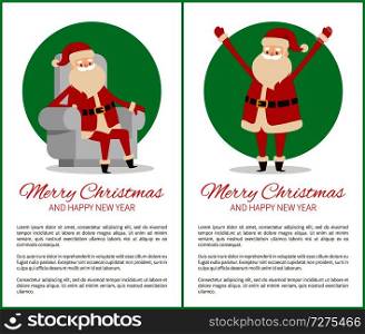 Merry Christmas and Happy New Year poster with Santa Claus in circle, place for text, Father Xmas sitting on chair and raises hands up vector. Merry Christmas Happy New Year Poster with Santa