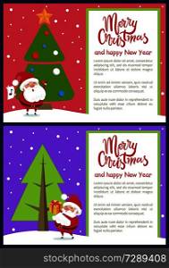 Merry Christmas and Happy New Year poster with Santa singing songs and giving presents near Xmas tree on snowy backdrop vector illustration banners. Merry Christmas Happy New Year Poster Santa Tree