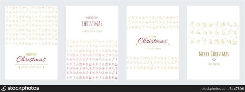Merry Christmas and happy new year posters or greeting cards design with hand drawn doodles elements, postcard Collection vector illustration. Xmas banners with gold and red gradient. 
