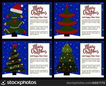 Merry Christmas and Happy New Year posters set, trees ornated with toys in forms of candies and bells, balls and garlands, big red hat of Santa vector. Christmas Tree Ornated with Toys Vector Illustration