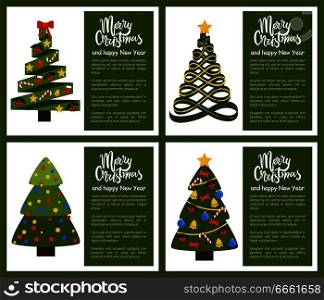 Merry Christmas and Happy New Year posters tree made of geometric shapes, silver silhouette, vector illustration of green spruce plant web banners. Merry Christmas Happy New Year Poster Set withTree