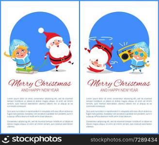 Merry Christmas and Happy New Year posters with Santa and Snow Maiden listening to music, dancing on head, riding on sleigh vector cartoon characters. Merry Christmas Happy New Year Santa Snow Maiden