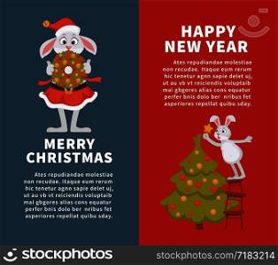 Merry Christmas and happy New Year posters with text sample vector. Bunny wearing Santa Claus costume holding wreath made of leaves in hands. Rabbit decorating evergreen pine tree with baubles. Merry Christmas and happy New Year posters with text