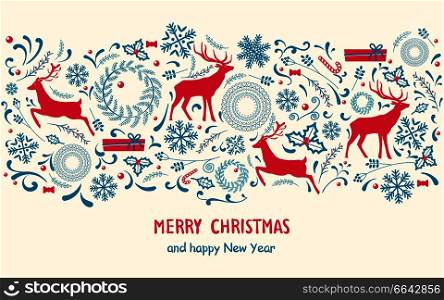 Merry Christmas and Happy New Year promotional poster with deers and snowflakes, candies and leaves on vector illustration isolated on white. Merry Christmas Poster on Vector Illustration