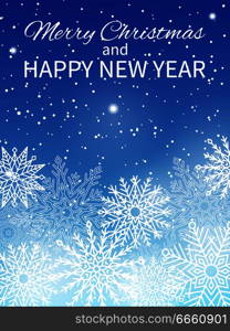 Merry Christmas and happy New Year promotional poster with headline in calligraphic font and snowflakes with snow isolated on vector illustration. Merry Christmas Happy New Year Vector Illustration