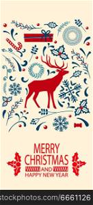 Merry Christmas and happy New Year, promotional poster with pattern of icons of deer, presents and leaves, candy and snowflake vector illustration. Merry Christmas and Happy Year Vector Illustration