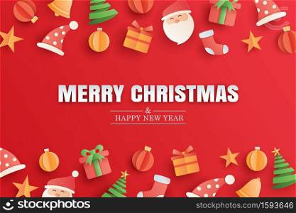 Merry christmas and happy new year red greeting card in paper art banner template. Use for poster, cover, flyer.