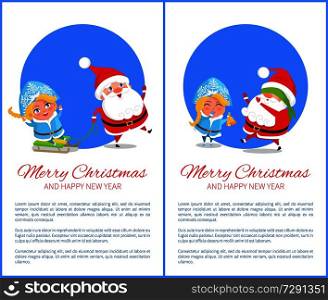 Merry Christmas and happy New Year, ride on sleds by Snow Maiden and game called blind mans buff with Santa Claus isolated on vector illustration. Merry Christmas Ride and Game Vector Illustration