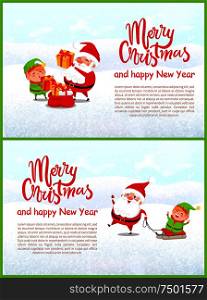Merry Christmas and Happy New Year, Santa and Elf helper riding on sledges, packing presents and gift boxes, Xmas time decorations, lettering and text. Merry Christmas and Happy New Year, Santa and Elf