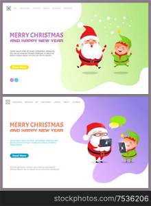 Merry Christmas and happy New Year, Santa Claus and Elf getting messages from children with wishes. Cartoon character Father frost and little helper jumping, vector. Holly Jolly Greeting Card with Santa Claus and Elf