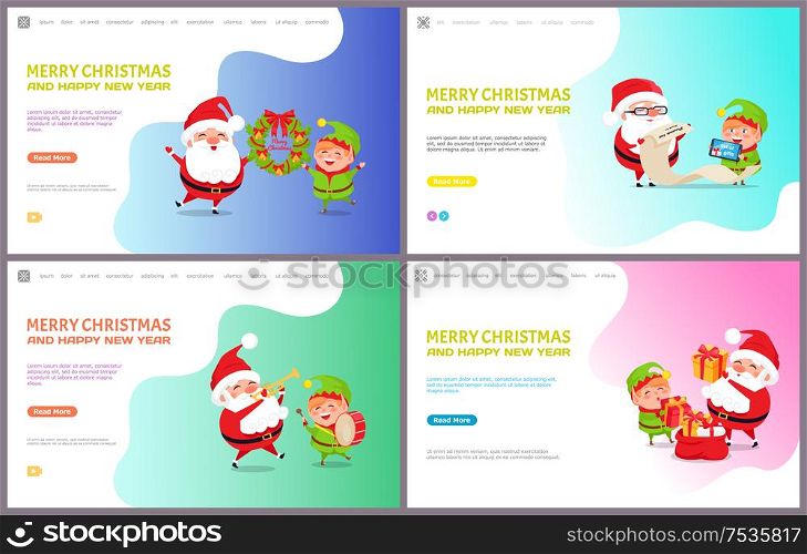 Merry Christmas and happy New Year, Santa Claus and Elf getting messages with wishes. Reading gifts list, playing musical instruments, put presents into sack. Merry Christmas Greeting Card Santa Claus and Elf