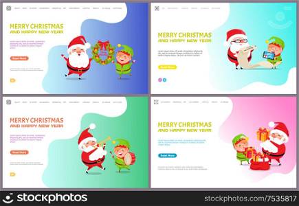 Merry Christmas and happy New Year, Santa Claus and Elf getting messages with wishes. Reading gifts list, playing musical instruments, put presents into sack. Merry Christmas Greeting Card Santa Claus and Elf
