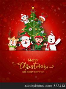 Merry Christmas and Happy New Year, Santa Claus and friends on Christmas postcard