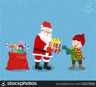 Merry Christmas and Happy New Year. Santa Claus gives the boy a gift. Christmas card. Vector illustration flat style. Merry Christmas and Happy New Year.